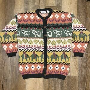 Vtg Via Spina Knit Cardigan Sweater L Wool Blend Cottagecore Grandma Farm Whimsy
